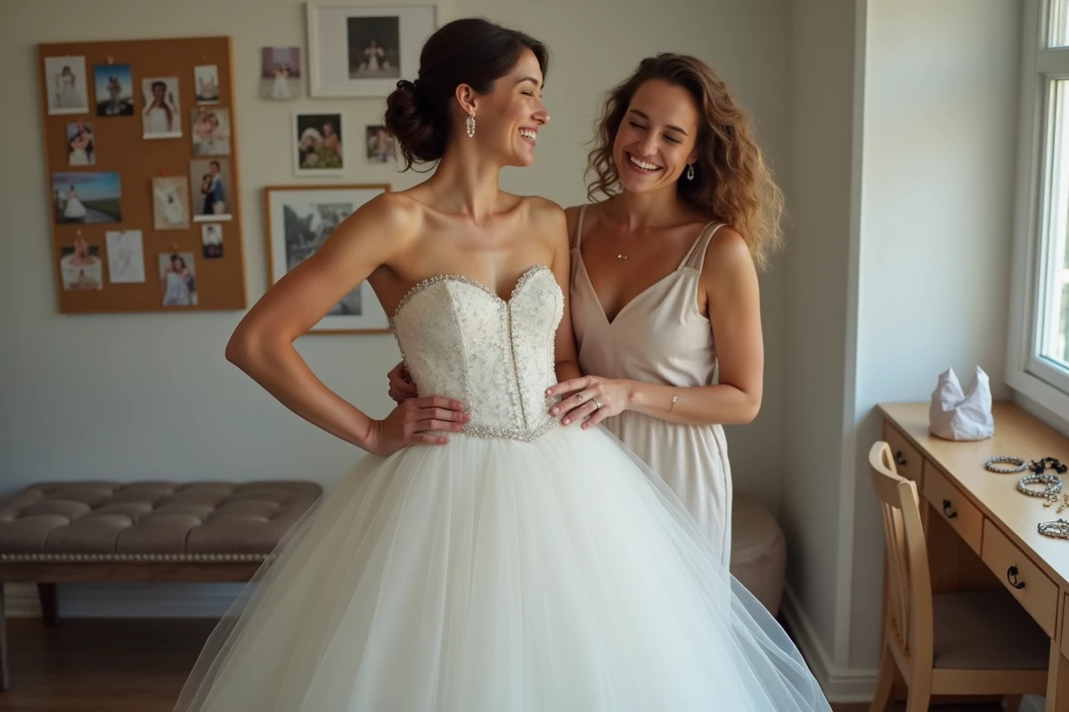 Deux amies riant ensemble lors de l'essayage d'une robe de mariée blanche de seconde main dans un dressing cosy