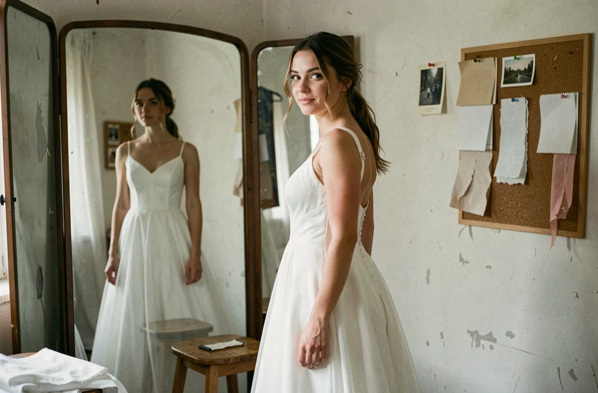Jeune femme essayant une robe de mariée pas chère devant un miroir triptyque avant retouches