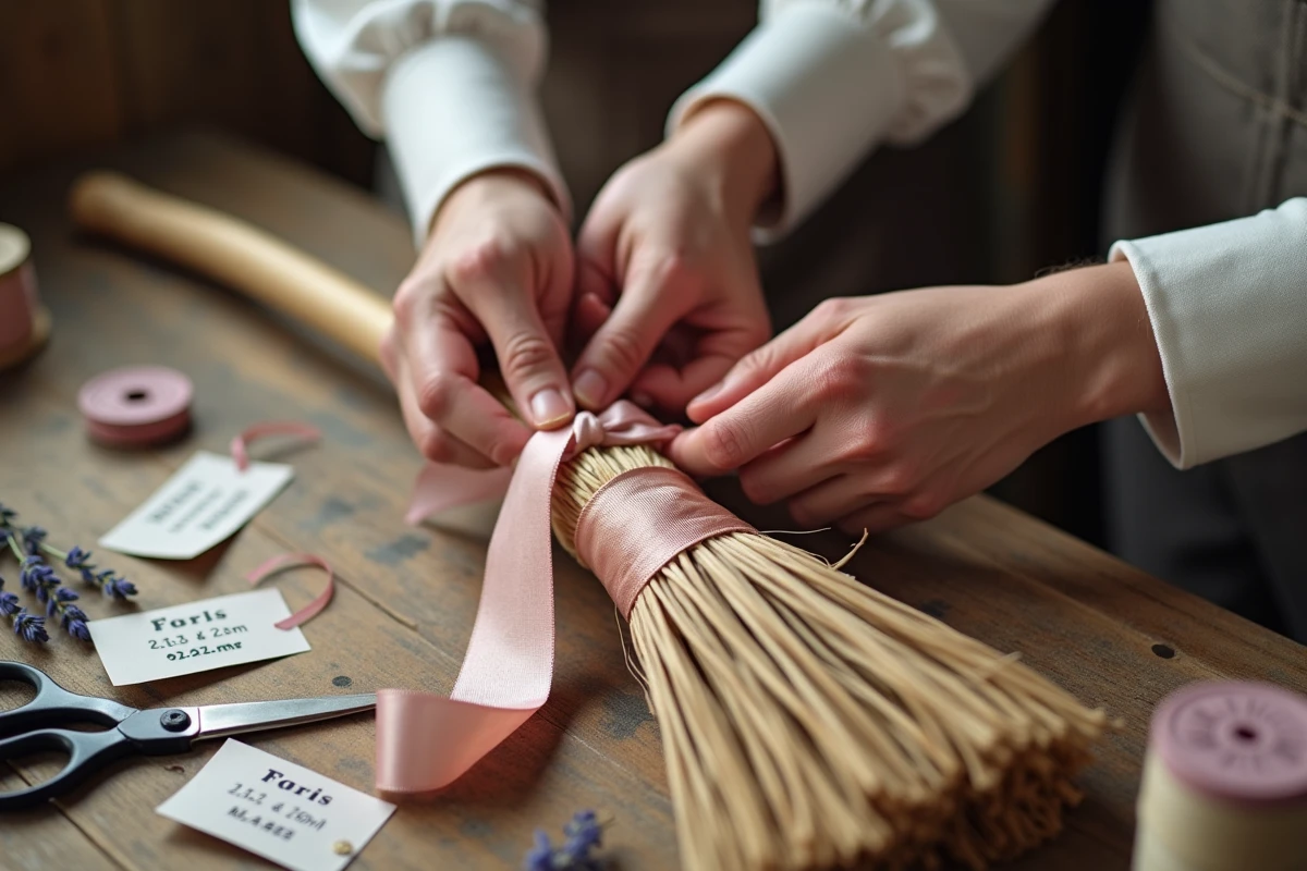 Mains attachant un ruban rose sur un balai de mariage personnalisé avec étiquettes manuscrites et accessoires de décoration sur une table en bois