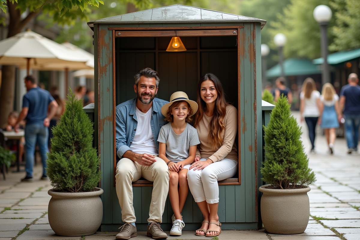Famille posant dans un photobooth vintage en plein air