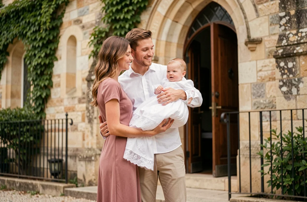 Famille élégante posant devant une église en pierre lors d'une cérémonie de baptême