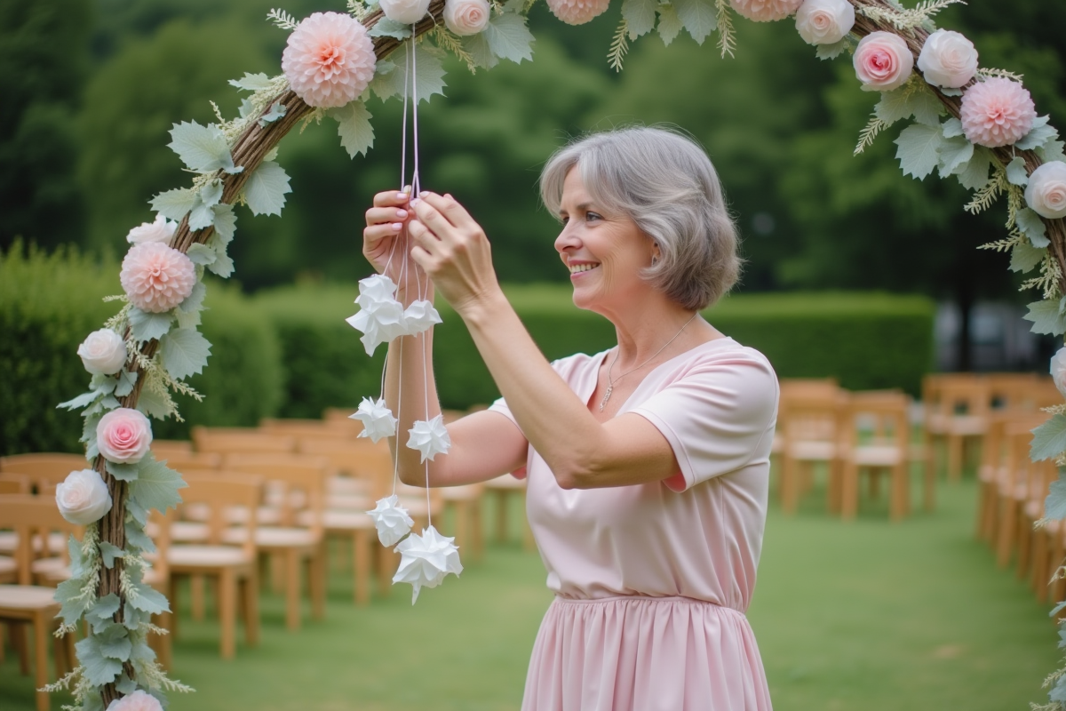 Femme ajustant une guirlande sur un arc de mariage en extérieur