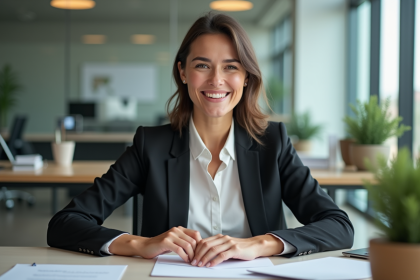Femme en costume tenant une invitation de mariage dans un bureau