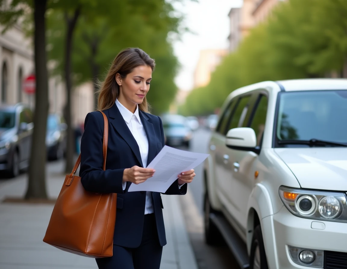 Femme comparant les prix d'une location de limousine avec un contrat imprimé en main