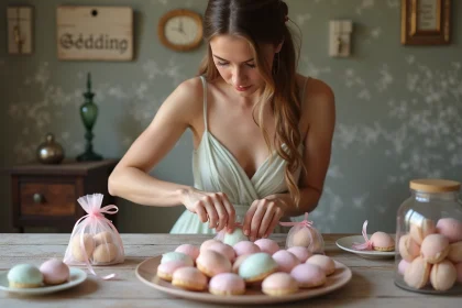 Jeune femme arrangeant dragées pastel dans sachets