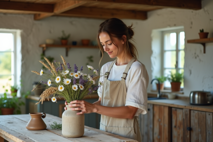 Jeune femme arrangeant des fleurs dans un vase en intérieur