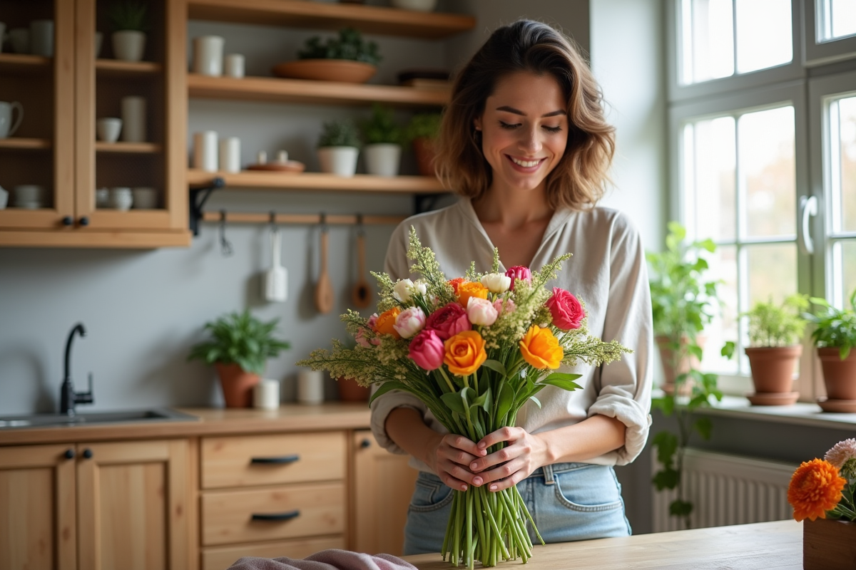 Femme arrangeant un bouquet de fleurs dans une cuisine chaleureuse