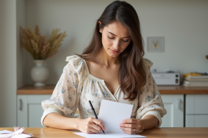 Jeune femme écrivant une RSVP pour mariage dans sa cuisine