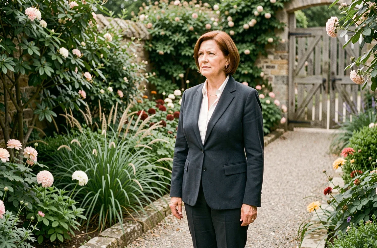 Femme réfléchissant seule dans un jardin français, représentant la sphère privée et l'identité du conjoint d'une personnalité publique
