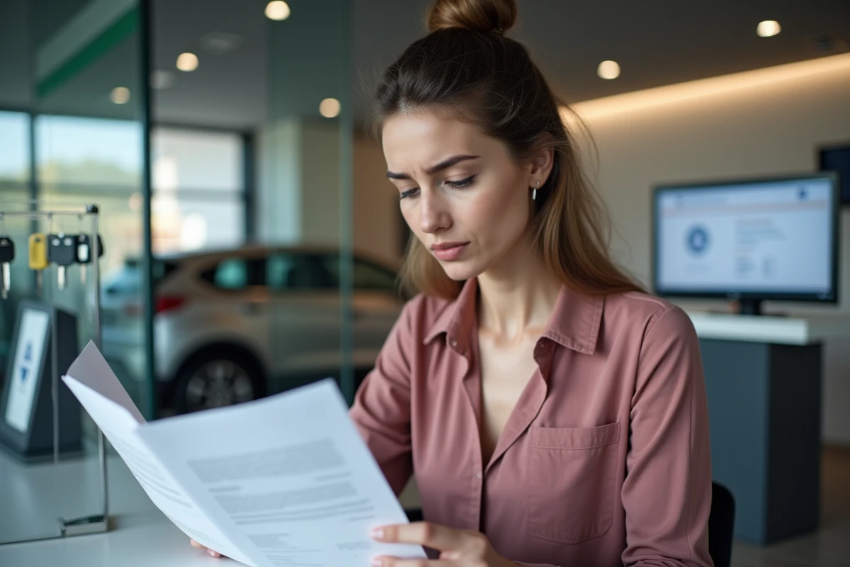 Femme élégante lisant attentivement les clauses d'un contrat de location de voiture dans une agence à Toulouse avant son mariage