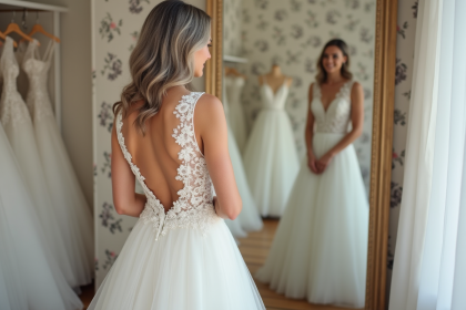 Femme de 50 ans en robe de mariée élégante et dentelle