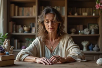 Femme méditerranéenne mettant des anneaux sur ses doigts dans un intérieur