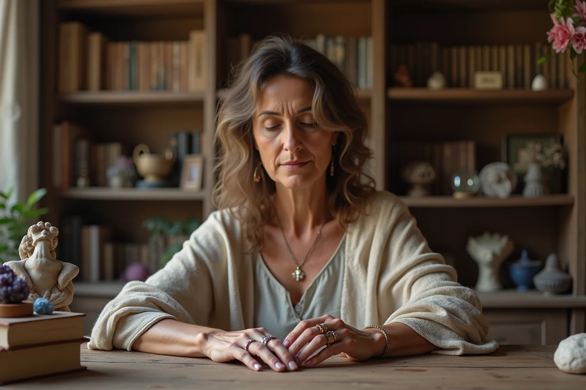 Femme méditerranéenne mettant des anneaux sur ses doigts dans un intérieur