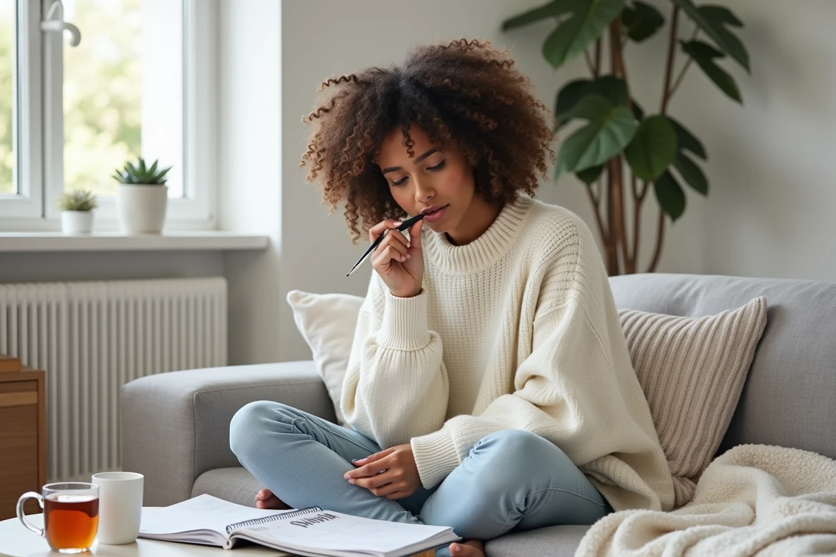 Femme stressée entourée de magazines de mariage et d'un agenda ouvert, prenant des notes sur son canapé à la maison