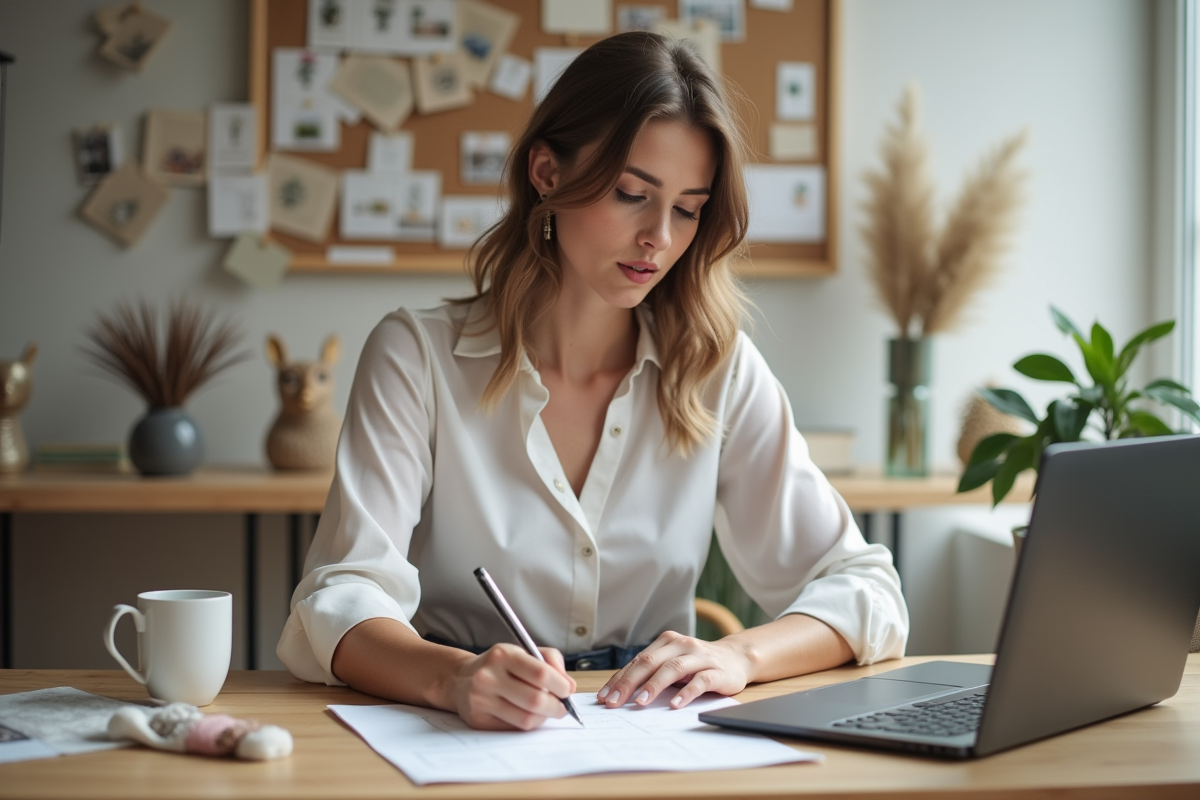 Femme wedding planner travaillant sur un tableau de moodboards