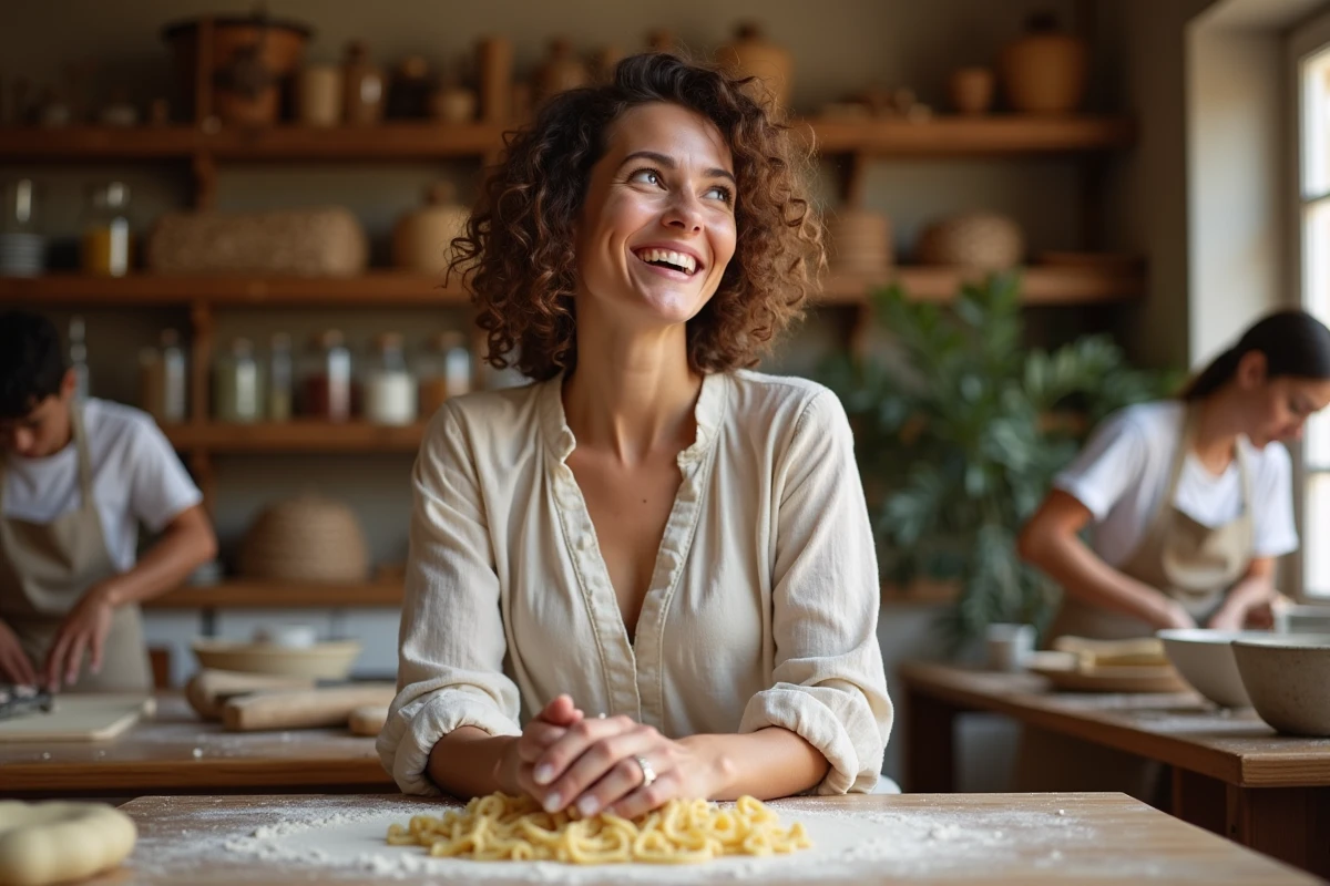 Femme souriante prépare des pâtes dans un atelier cuisine