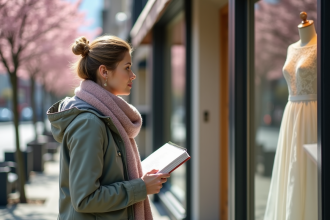 Femme regardant une robe de mariage en vitrine de boutique