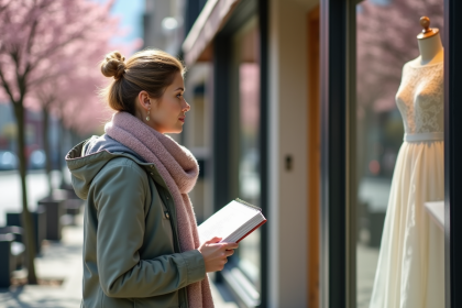 Femme regardant une robe de mariage en vitrine de boutique