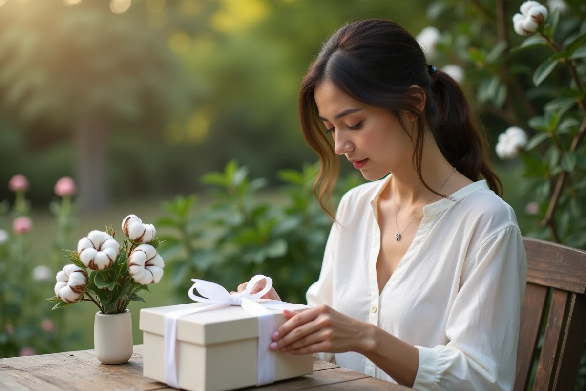 Femme posant dans un jardin en nouant un ruban en coton blanc