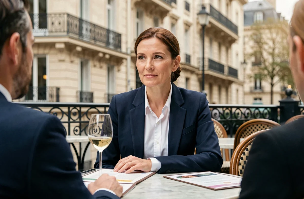 Femme élégante attablée en terrasse de brasserie parisienne, évoquant une rencontre discrète et la vie sentimentale d'une personnalité