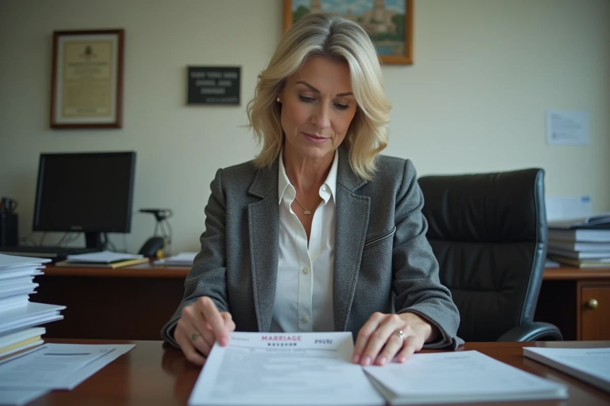 Femme en bureau examinant formulaire de mariage