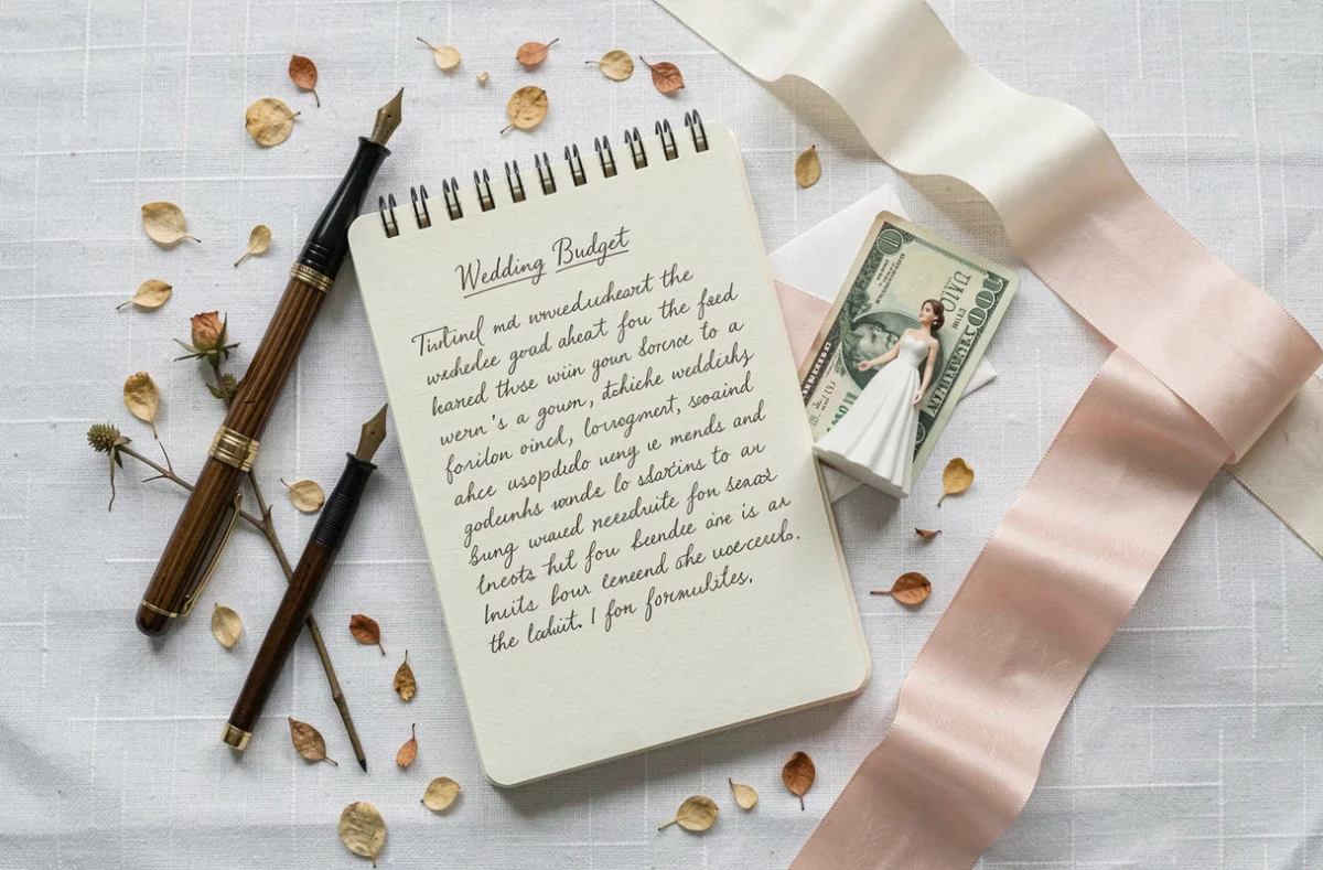 Vue de dessus d'un carnet de budget mariage manuscrit entouré d'enveloppe, rubans, figurine de robe de mariée et pétales séchés sur une nappe en lin blanc