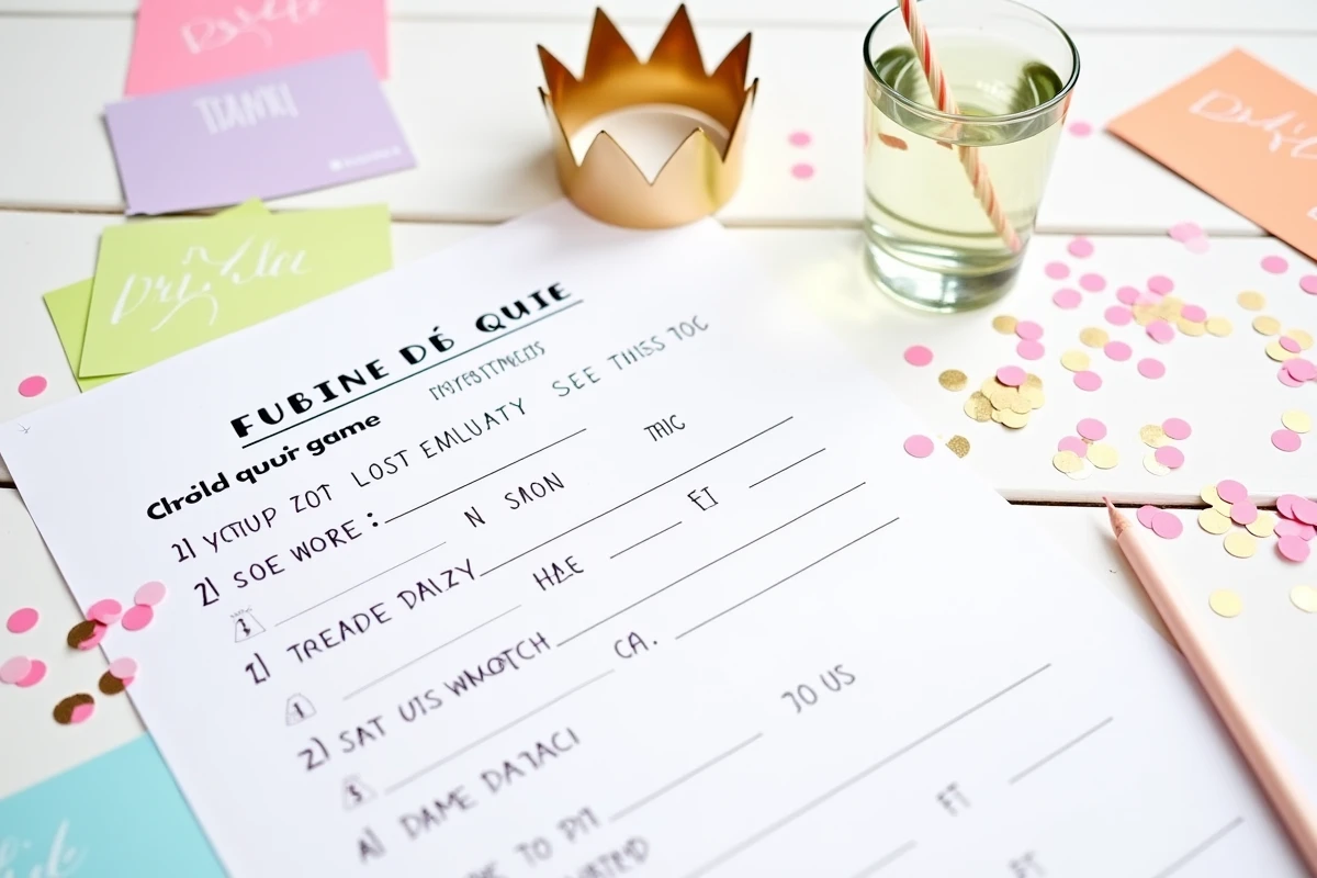 Flat lay d'un kit de jeu EVJF à imprimer avec quiz cartes défis couronne et confettis dorés