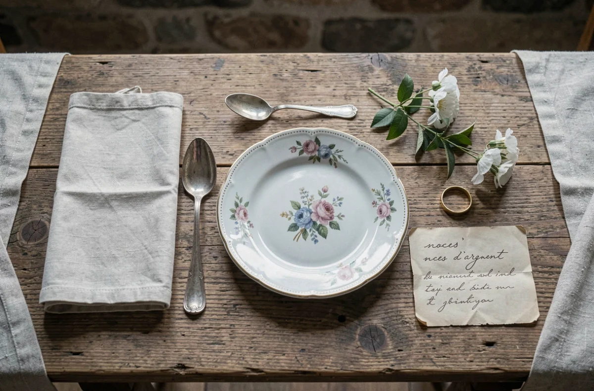 Mise en scène flat lay des matières associées aux différentes noces de mariage : coton, argent, or et porcelaine sur table en chêne
