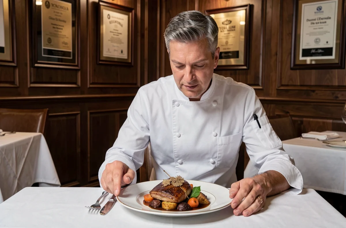 Chef Frédéric Renault présentant un plat gastronomique de mariage en salle privée élégante à Toulouse