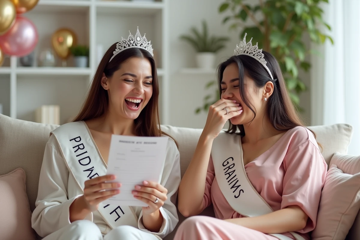 Future mariée portant un sash EVJF qui rit en lisant une carte de défi imprimée avec son amie