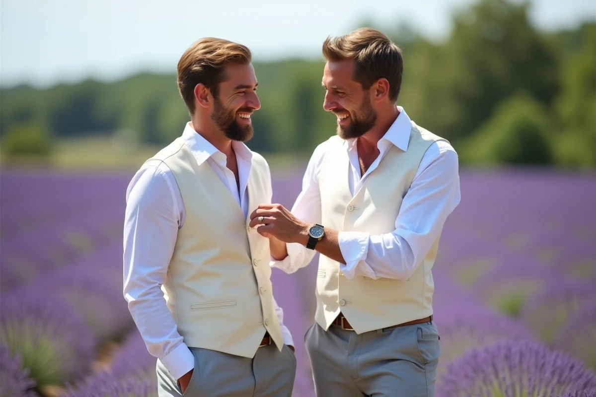 Deux garçons d'honneur en gilet blanc en lin dans un champ de lavande provençal lors d'un mariage estival