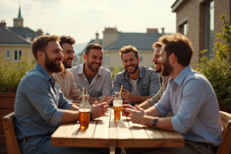 Groupe d'amis riant sur une terrasse urbaine ensoleillée