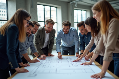 Groupe de professionnels discutant autour d'un plan d'urbanisme