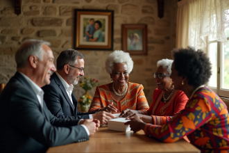 Groupe d'adultes et d'anciens en tenues traditionnelles africaines échangeant des cadeaux