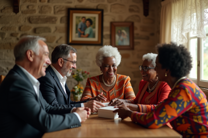 Groupe d'adultes et d'anciens en tenues traditionnelles africaines échangeant des cadeaux