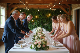 Groupe d'adultes élégants lors d'un mariage rustique