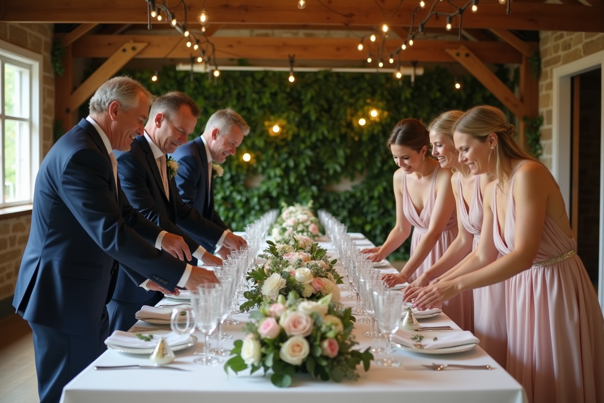 Groupe d'adultes élégants lors d'un mariage rustique