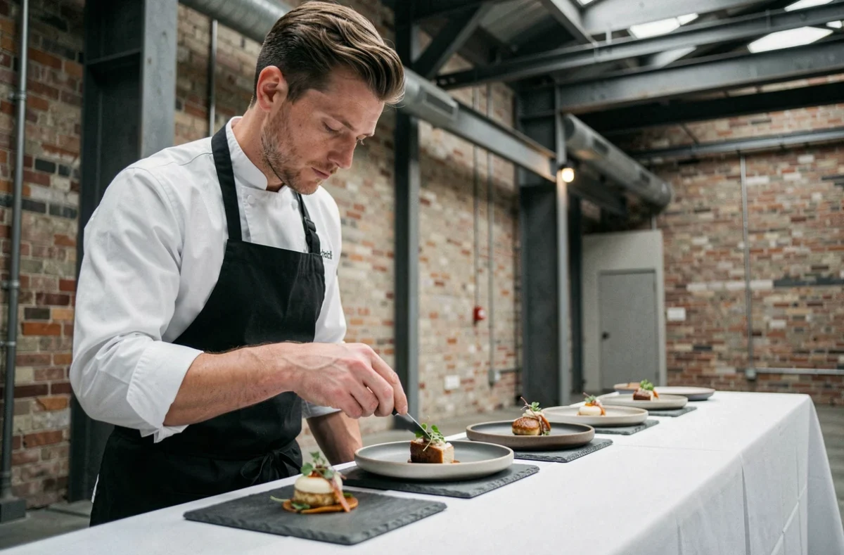 Chef contemporain finalisant un plat de mariage minimaliste dans un espace de réception industriel moderne