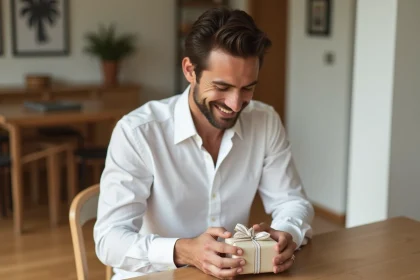 Homme souriant ouvrant un cadeau en coton au petit déjeuner