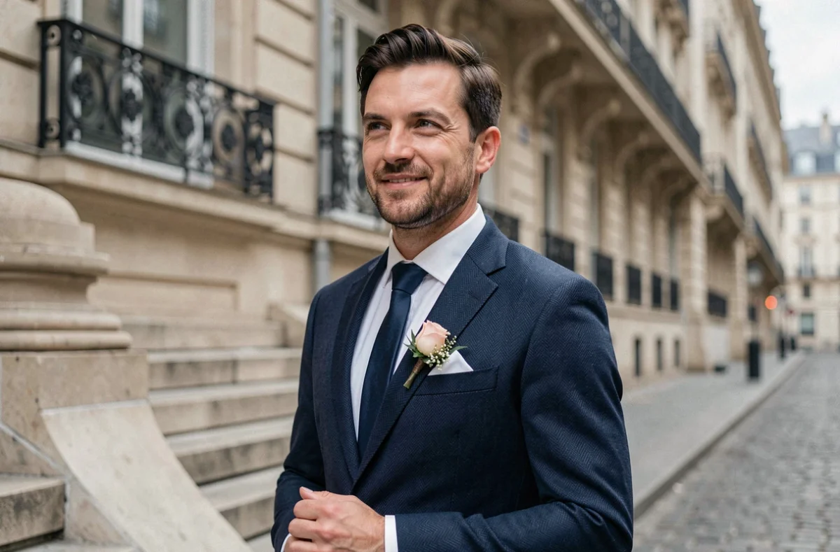 Homme élégant en costume de mariage loué devant un immeuble haussmannien à Paris