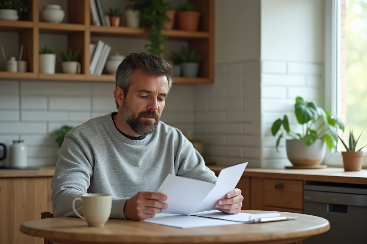 Homme en pull gris lisant un document à une table de cuisine dans un intérieur domestique chaleureux et intime