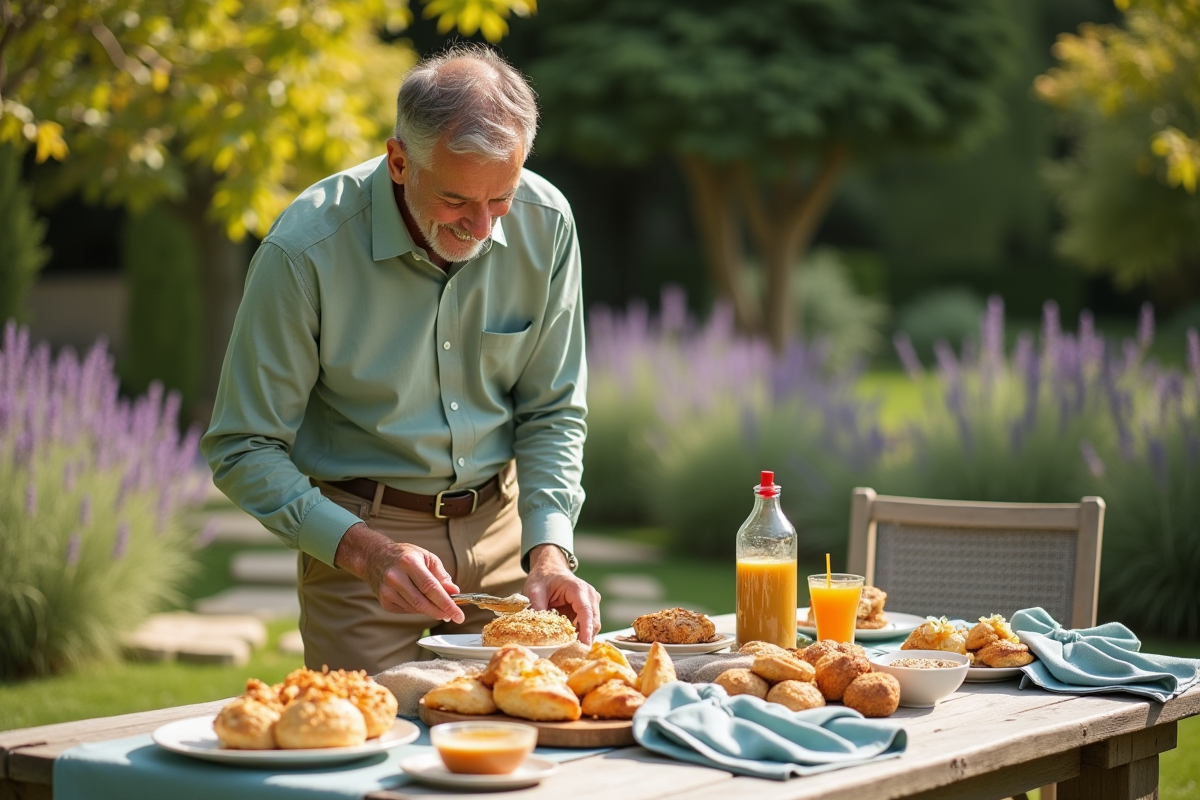 Homme en jardin préparant un pique-nique avec miel et pâtisseries