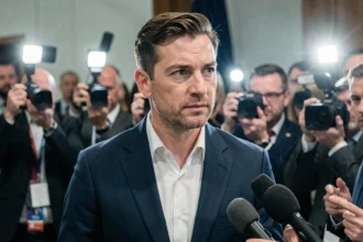 Homme politique en costume marine lors d'une conférence de presse entouré de journalistes et caméras