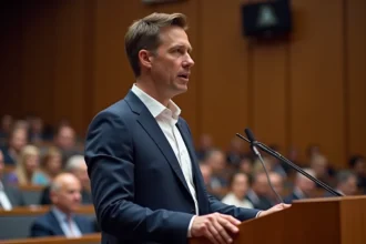 Homme politique en costume marine prenant la parole lors d'un événement public dans une salle de conférence moderne