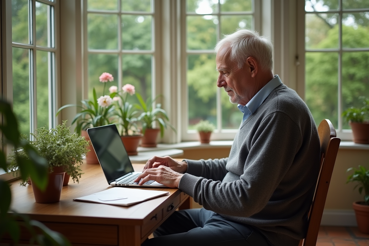 Homme âgé répondant à une invitation de mariage sur son ordinateur