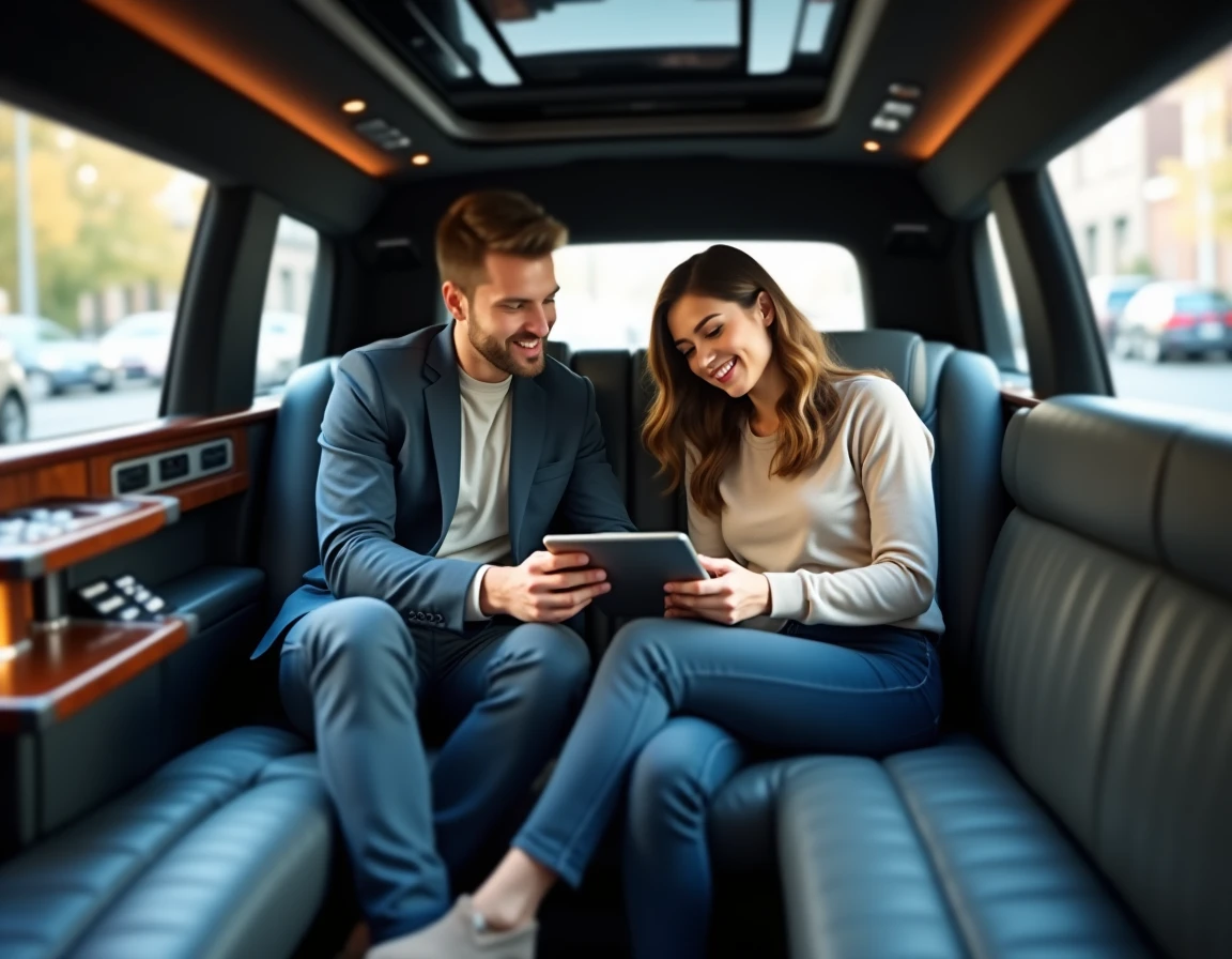 Couple consultant une offre de location de limousine sur tablette à l'intérieur du véhicule