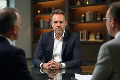 Homme en costume sombre lors d'une interview médiatique dans un studio parisien moderne, expression réservée et posture professionnelle