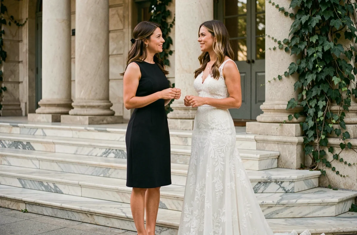 Deux invitées d'un mariage sur des marches en marbre, l'une en robe blanche ressemblant à une tenue de mariée, l'autre en tenue appropriée
