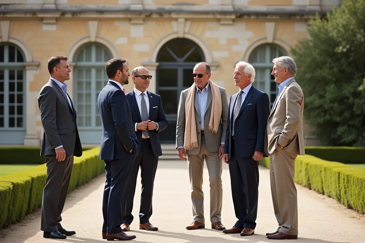 Invités de prestige en tenue formelle réunis devant un château provençal historique lors d'un mariage de famille à caractère politique en France