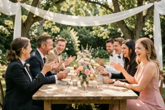 Groupe d'invités de mariage jouant à un jeu de cartes coopératif autour d'une table en bois dans un jardin décoré